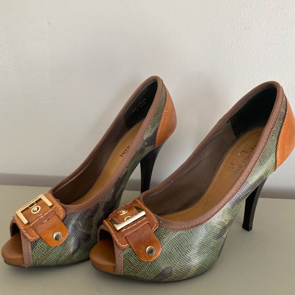 Gianni Bini Peep Toe Camo Buckle Leather Pumps